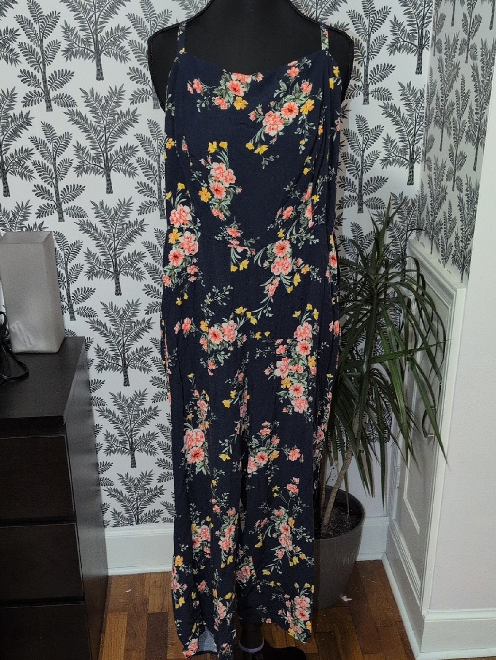 Old Navy Navy Floral Jumpsuit with Coral and Yellow Accents